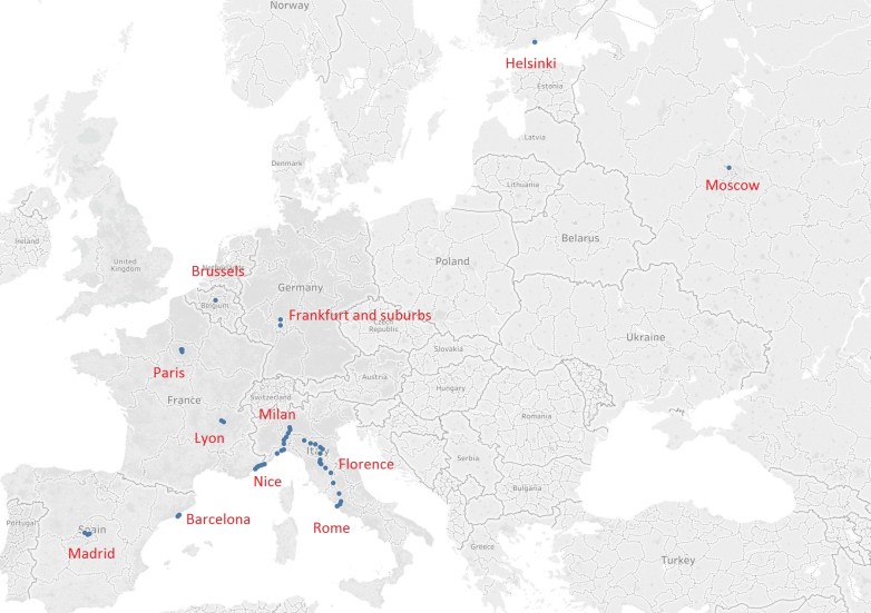 Geocluster data (cluster centres) with city names